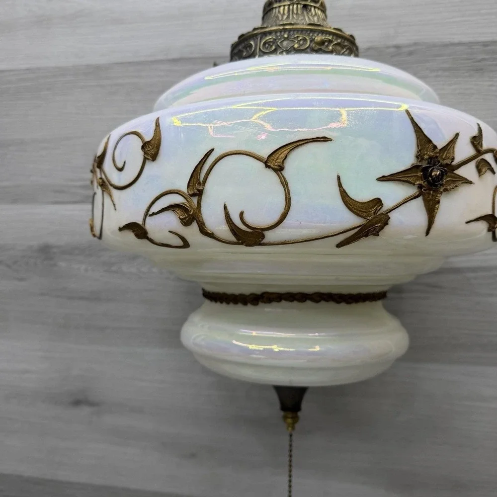 HTF Falkenstein Opalescent Glass Swag Lamp Hollywood Regency MCM Brass